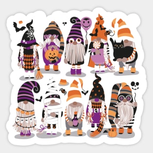 Boo-tiful gnomes // spot // grey background fun little creatures black grey purple and orange dressed for halloween Sticker